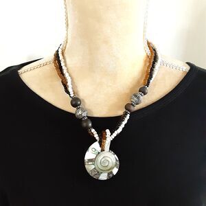 Beachy Multistrand Seed Bead Necklace 18" Inlaid Shell 2" Spiral Pendant Brown